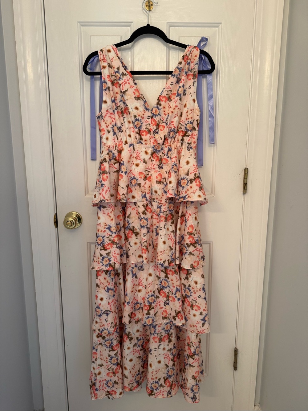 Floral Tiered V-Neck Maxi Dress in Blush Pink